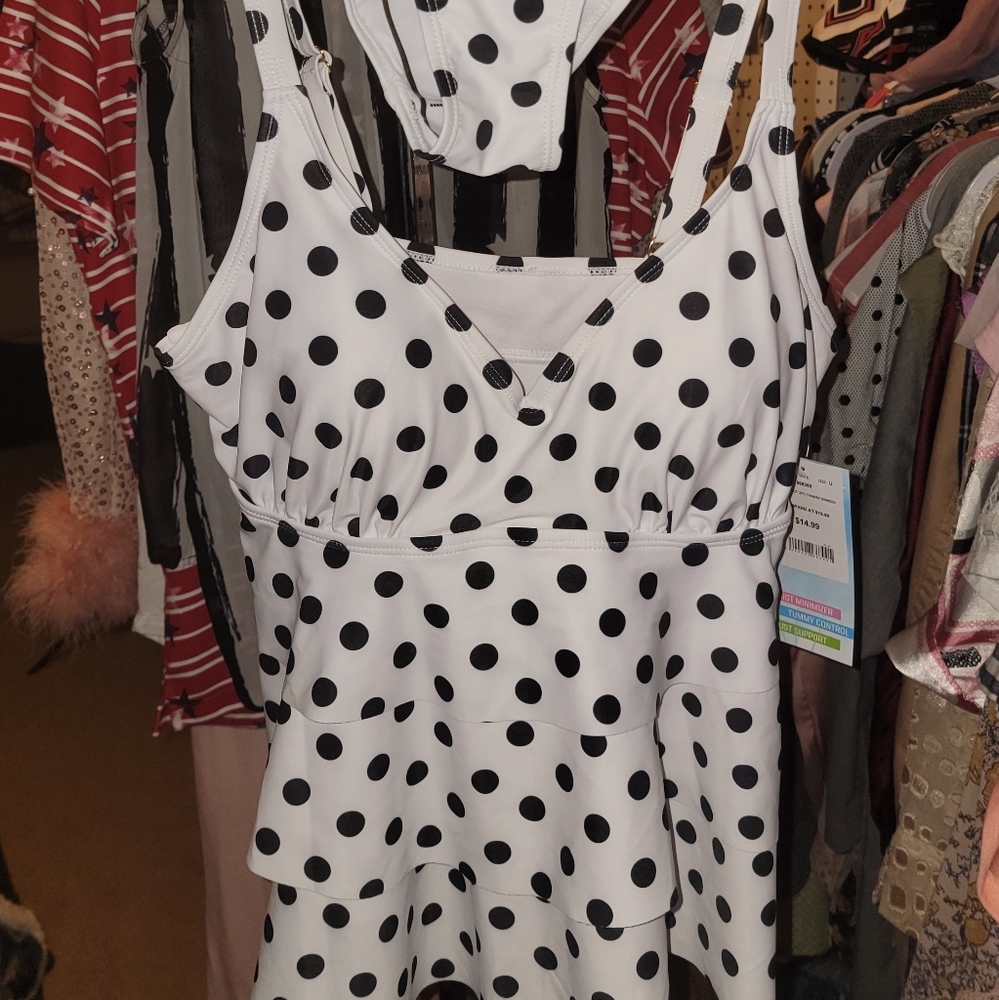 New! 2 Pc Tankini Swim Suit Three Tier Polka Dot Ruffle in Black & White